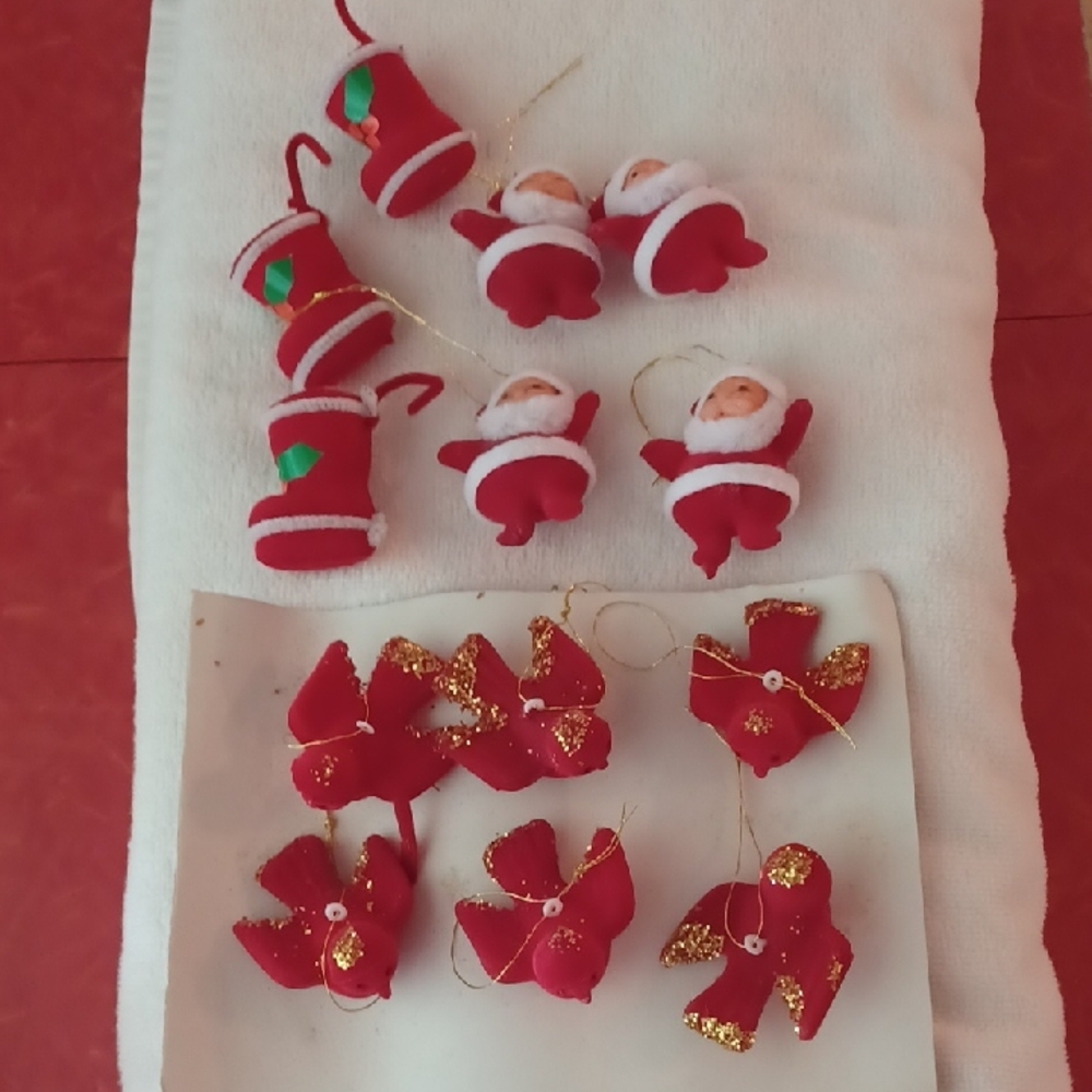 Vintage Flocked Red  Holiday Ornament Set, Santa, Boots, Birds